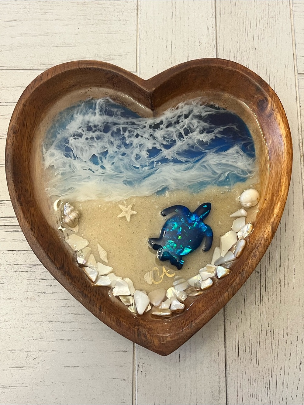 Handmade Wooden Heart Shaped Resin Beach Scene Turtle Trinket Dish